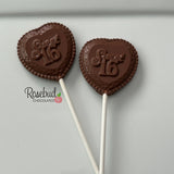 SWEET 16 Set of 12 Chocolate Heart Shaped Lollipop 16th Birthday Party Favors