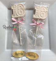 12 SWEET Sixteen #16 Chocolate Lollipops 16th Birthday Party Favors