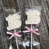 12 SWEET Sixteen #16 Chocolate Lollipops 16th Birthday Party Favors