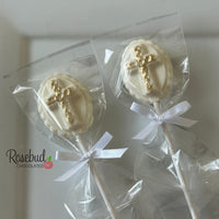 12 CROSS Small Chocolate Oval Lollipops Religious Candy Party Favors Gold Dusted