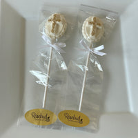 12 CROSS Small Chocolate Oval Lollipops Religious Candy Party Favors Gold Dusted