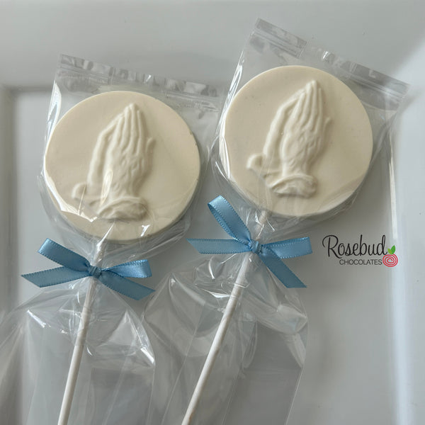 12 PRAYING HANDS Round Chocolate Lollipops Religious Candy Party Favors
