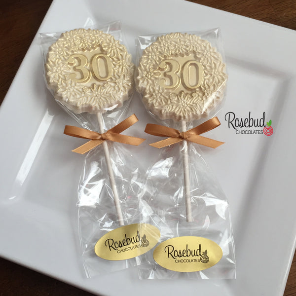 12 NUMBER THIRTY #30 Chocolate Decorative Floral GOLD DUSTED Lollipop Party Favors 30th Birthday Anniversary