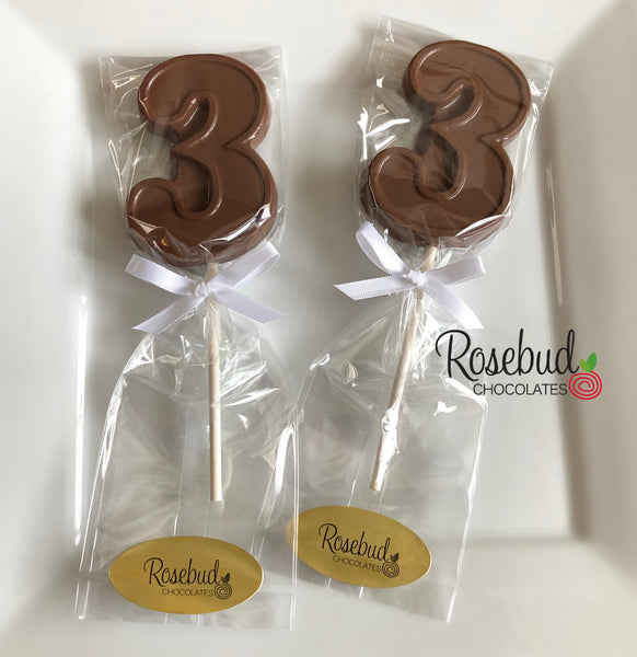 12 NUMBER THREE #3 Chocolate Lollipop Candy Party Favors 3rd Birthday