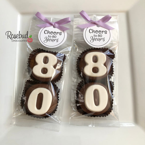 8 Sets #80 Chocolate Covered Oreo Cookie CHEERS to 80 Years TAGS 80th Birthday Party Favors