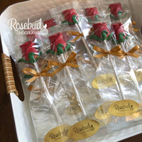 12 RED ROSE with Green Leaves Chocolate Lollipop Candy Party Favors