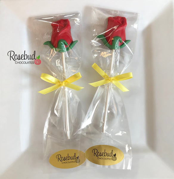 12 RED ROSE with Green Leaves Chocolate Lollipop Candy Party Favors