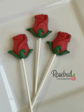 12 RED ROSE with Green Leaves Chocolate Lollipop Candy Party Favors