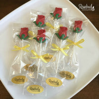 12 RED ROSE with Green Leaves Chocolate Lollipop Candy Party Favors